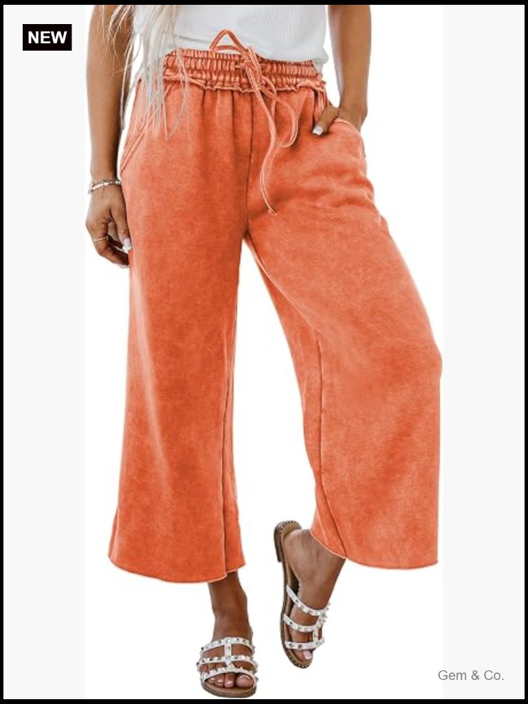 Elastic High Waist Drawstring Wide Leg Cropped Lounge Pants W Pockets